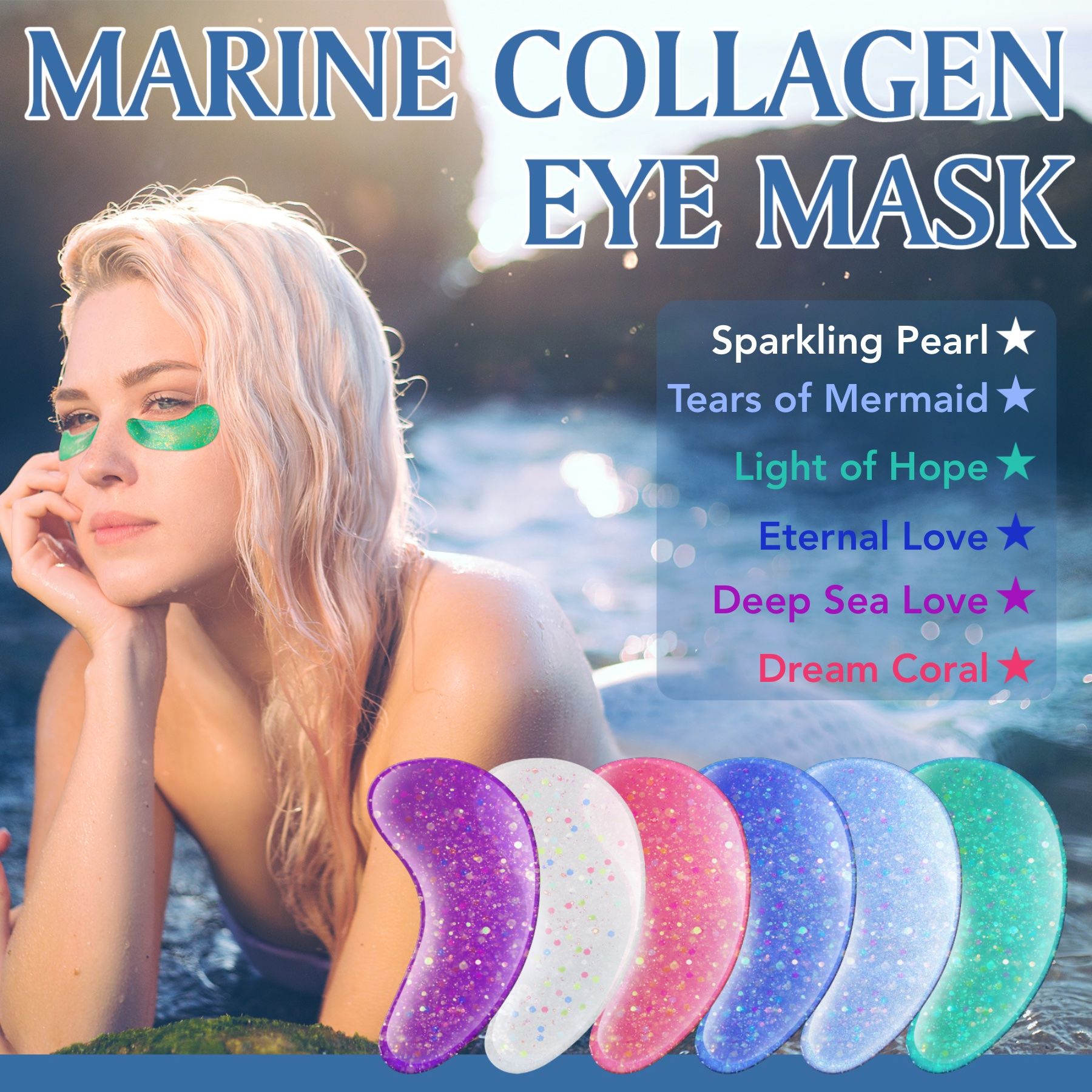 Frau mit Augenpads im Meer. Verschiedene Farben der Pads sind sichtbar. Text: Marine Collagen Eye Mask.