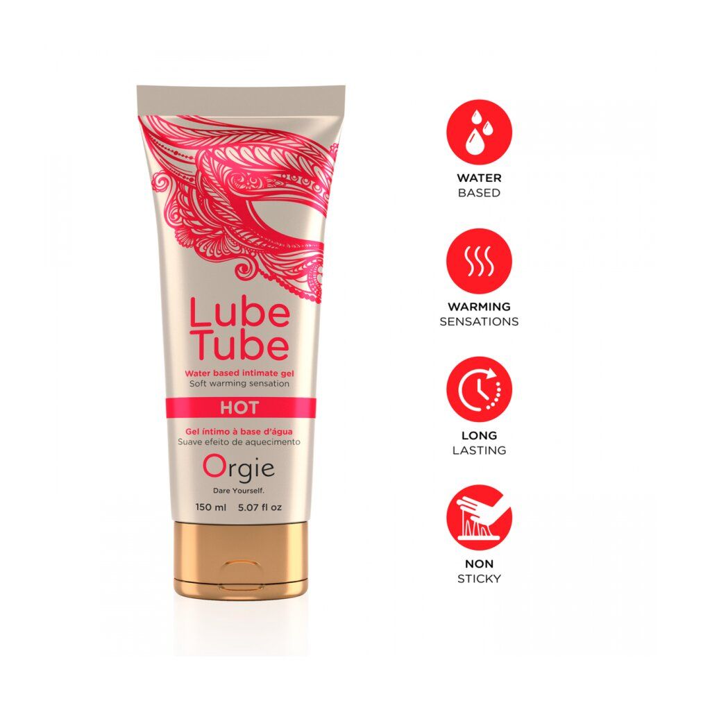Tube Lube Tube Hot. Wasserbasiertes Intimgel mit wärmender Wirkung. Marke Orgie. Zusätzliche Icons.