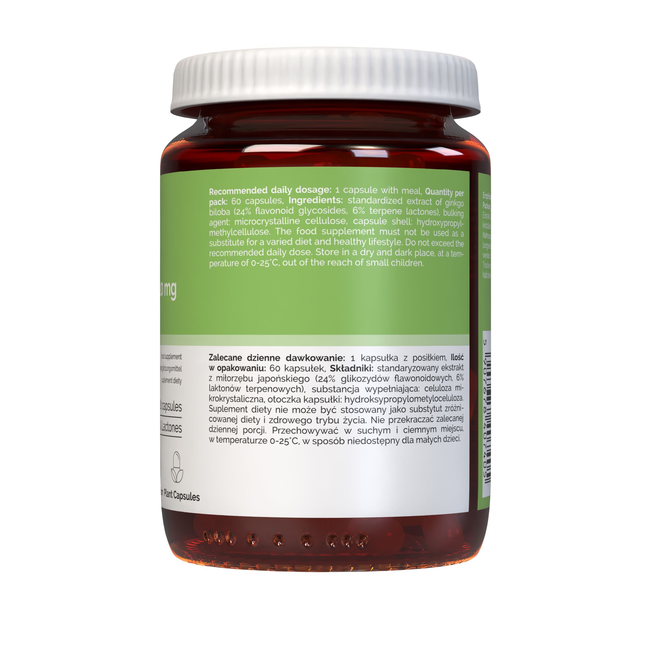 Rückseite des Vitaler's Ginkgo Biloba 120 mg Kapselbehälters mit Informationen.