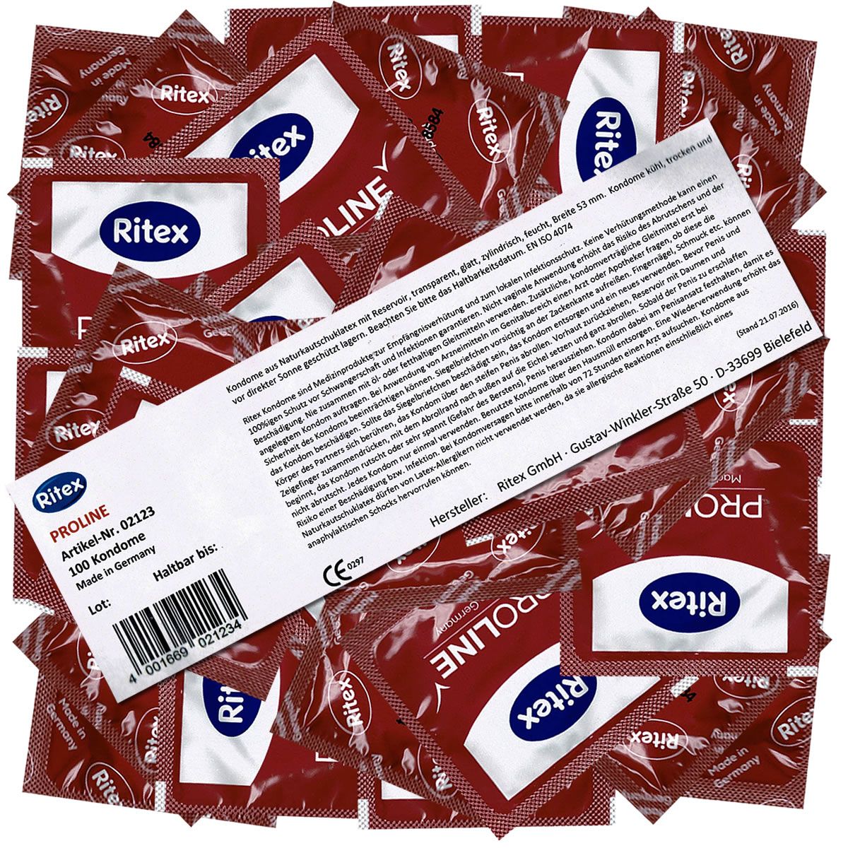 Rote Kondome in Einzelverpackung, teilweise sichtbar. Aufdruck "Ritex Proline". Beipackzettel mit Produktinformationen.