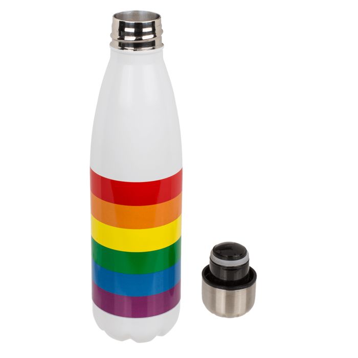 Weiße Metall-Trinkflasche mit Regenbogenstreifen. Deckel daneben. Silberner Deckel.
