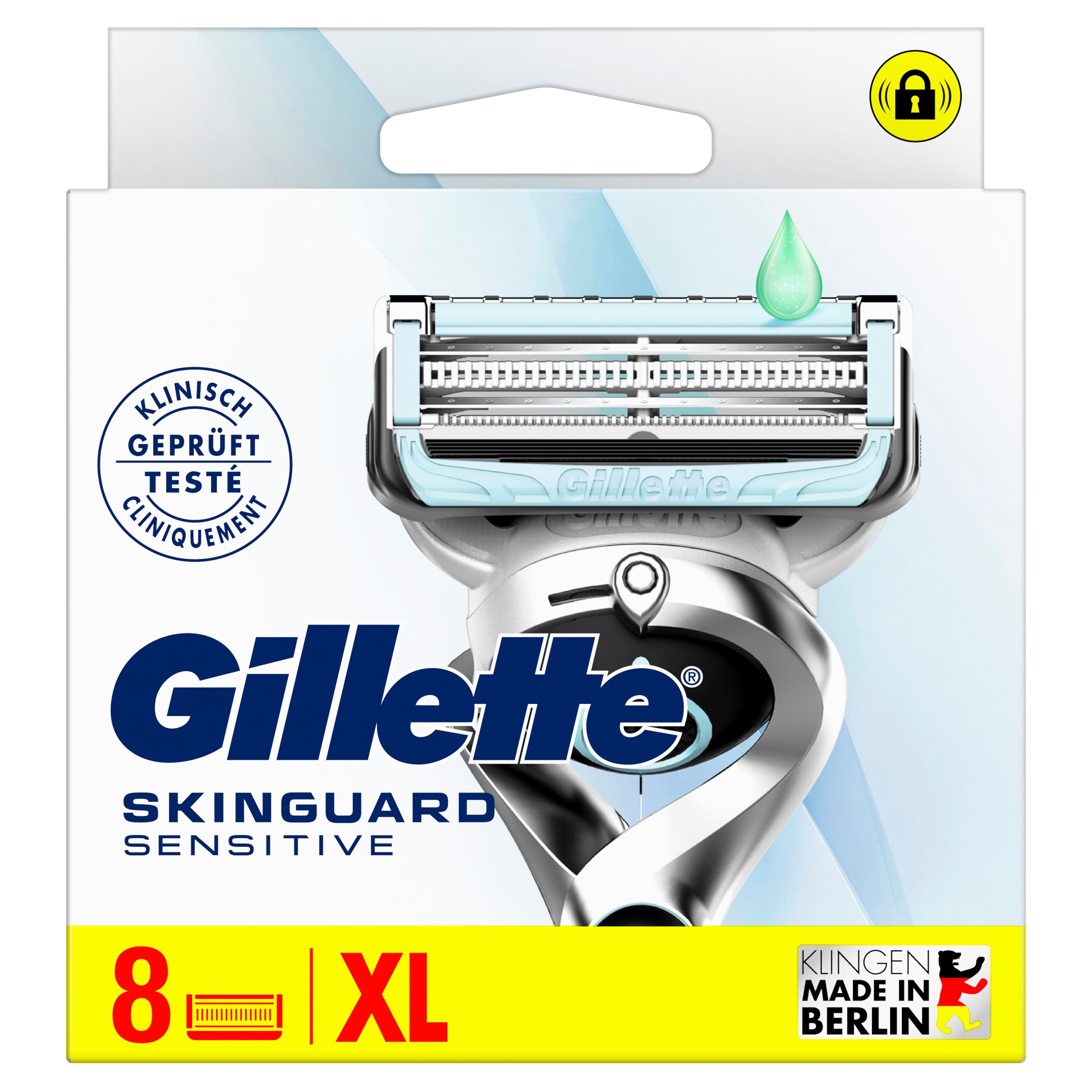 Gillette SkinGuard Sensitive Rasierklingen. Packung mit 8 Klingen, klinisch getestet, hergestellt in Berlin.