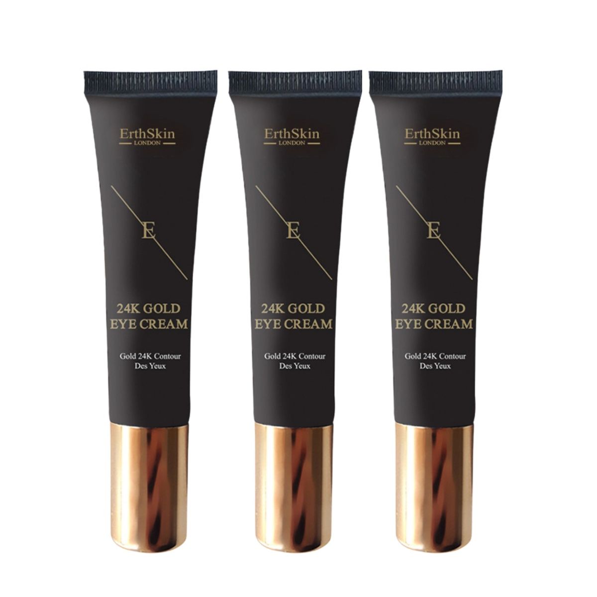 Drei Tuben Augencreme mit schwarzen Tuben und goldenen Kappen. Aufschrift: ErthSkin London, 24K Gold Eye Cream.