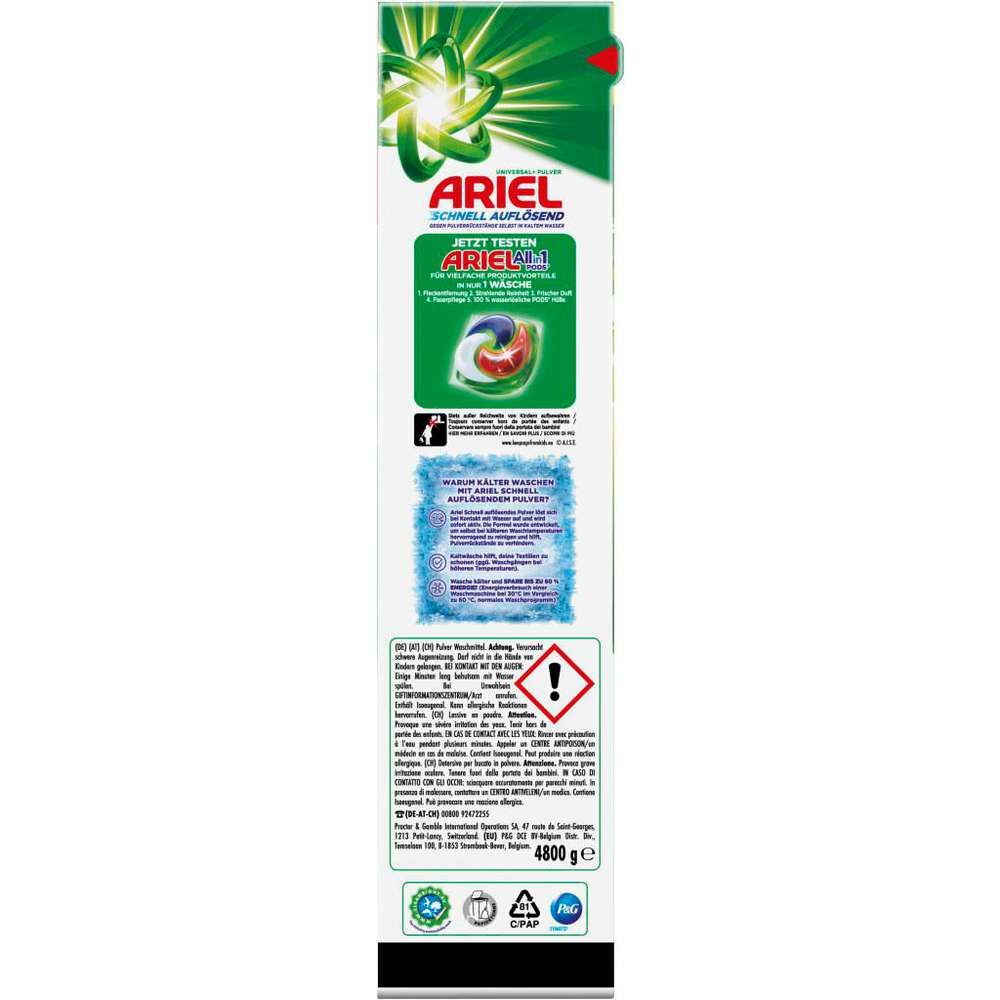 Rückseite der Ariel Waschpulver-Packung. Enthält Informationen zu Waschmittelmenge, Dosierung und Waschmaschinenmarken.