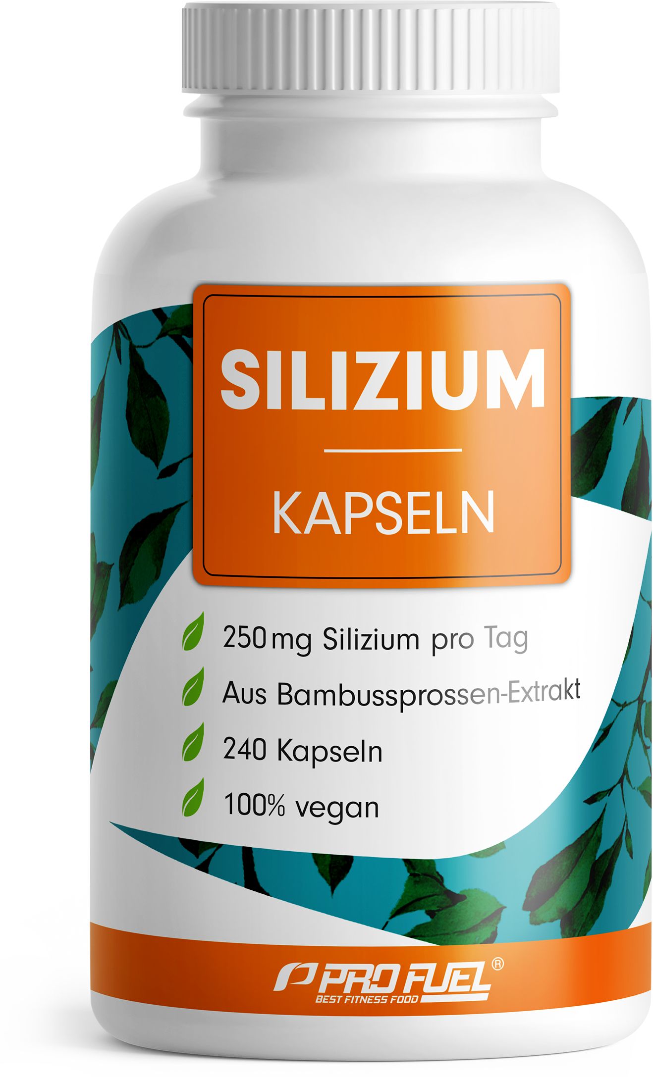 Weiße Flasche mit orangefarbenem Etikett. Aufschrift: Silizium Kapseln. Enthält 240 Kapseln, 100% vegan. ProFuel Logo.