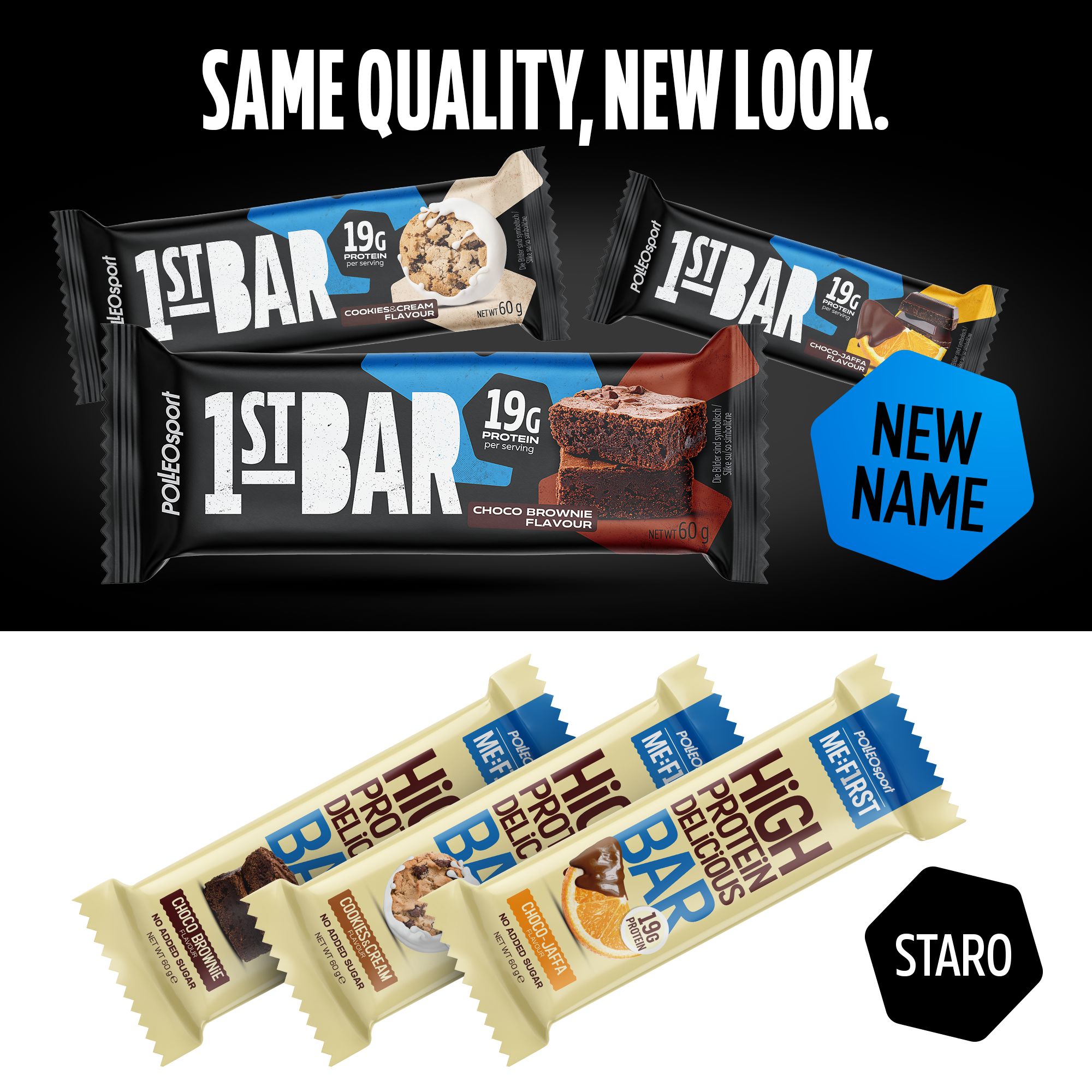 Mehrere Proteinriegel-Verpackungen. '1ST BAR' und 'ME:FIRST HIGH PROTEIN BAR'. Verschiedene Geschmacksrichtungen. 19g Protein. Marke: PolleoSport.