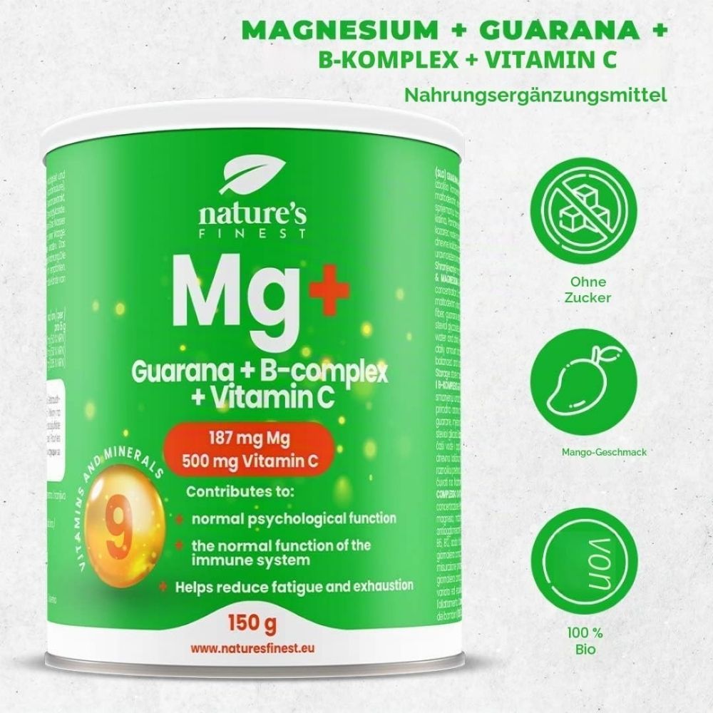 Dose mit Magnesium, Guarana, B-Komplex, Vitamin C. Icons: Ohne Zucker, Mango-Geschmack, 100% Bio.