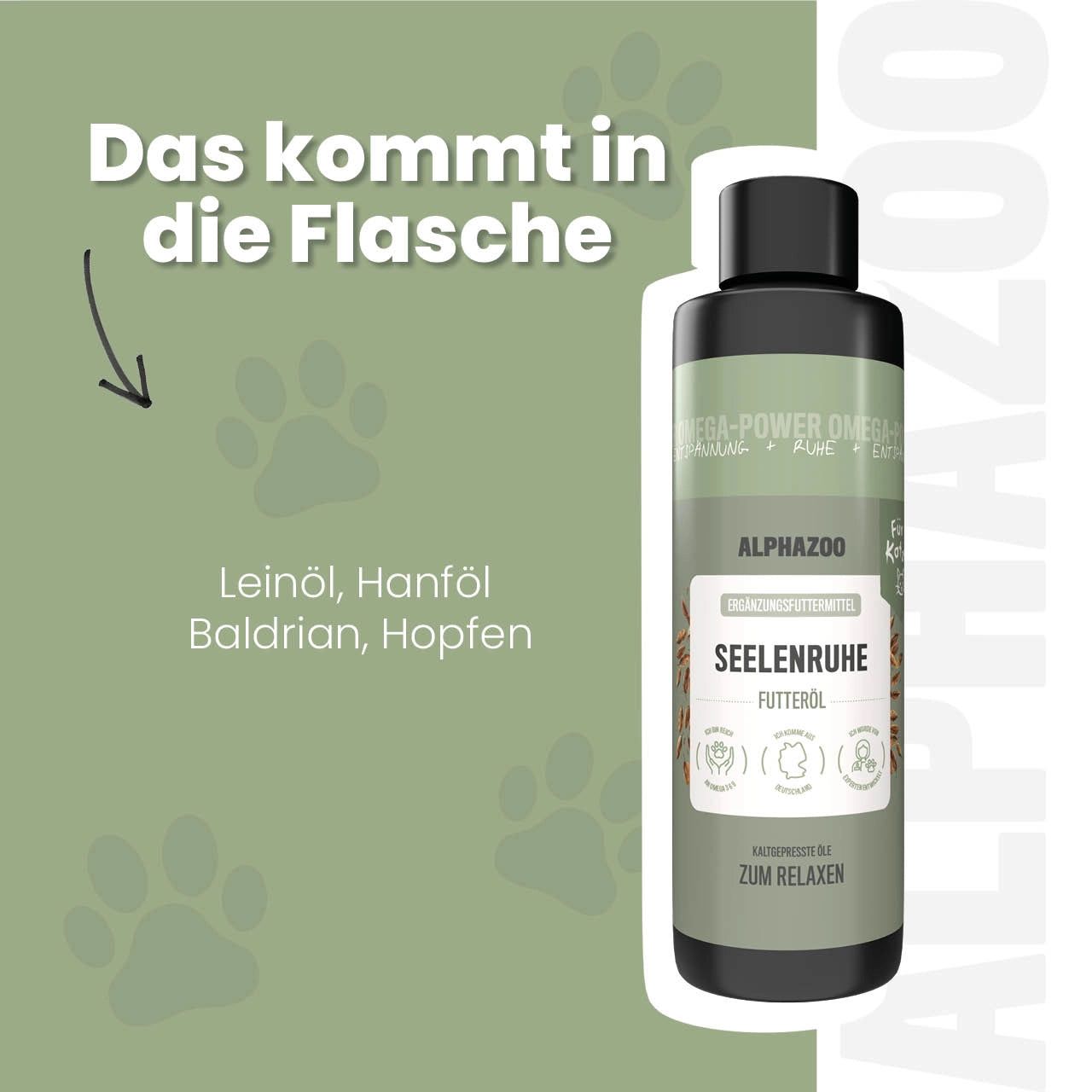 Futteröl-Flasche mit schwarzem Deckel. Text: ALPHAZOO, SEELENRUHE Futteröl, zum Relaxen. Pfeil zeigt auf Inhaltsstoffe: Leinöl, Hanföl, Baldrian, Hopfen.