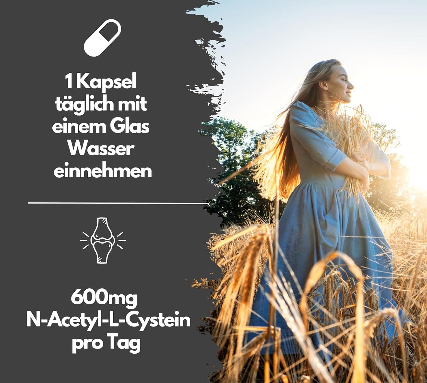 Kapsel-Symbol, 600mg N-Acetyl-L-Cystein pro Tag, Gelenk-Symbol.
