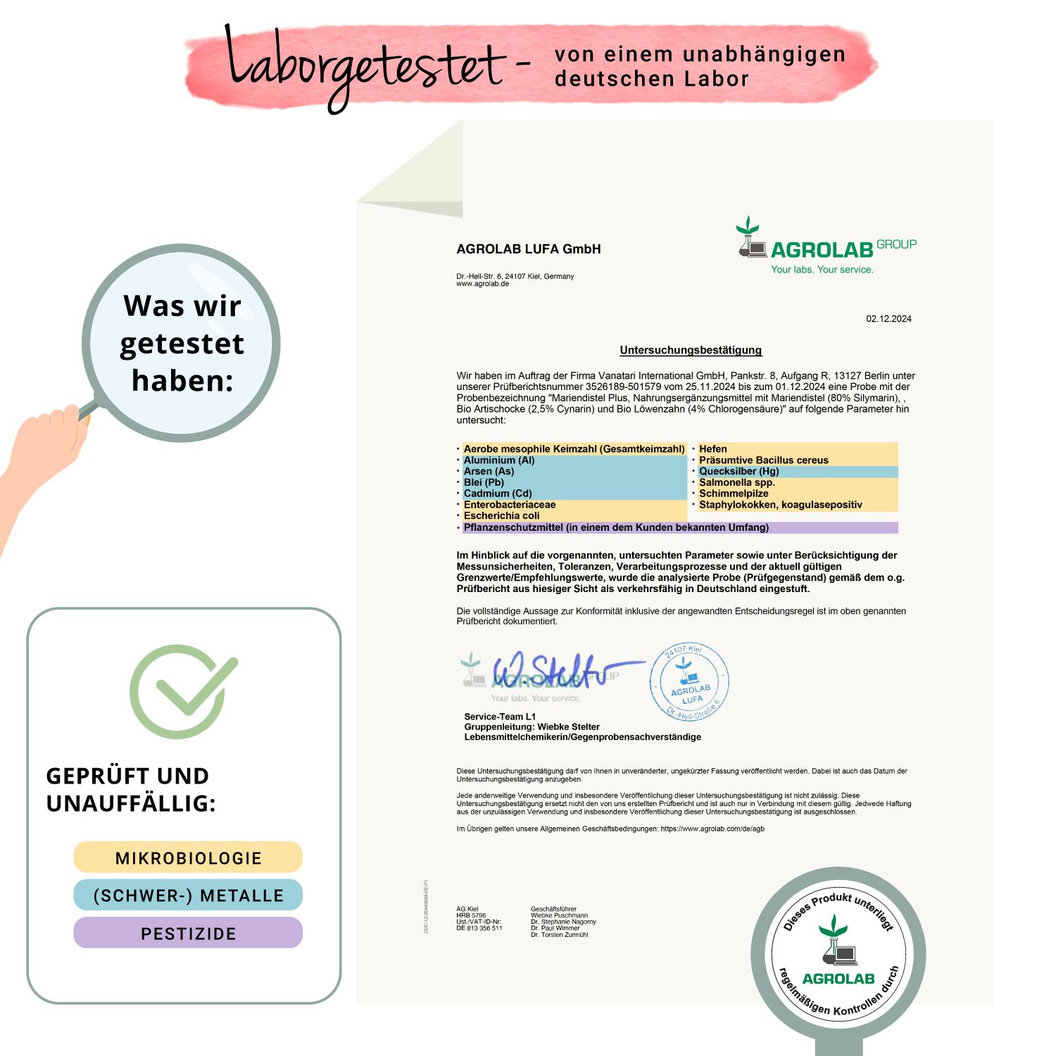 Zertifikat von Agrolab. Geprüft und unauffällig. Mikrobiologie, Schwermetalle, Pestizide. Logo Agrolab.