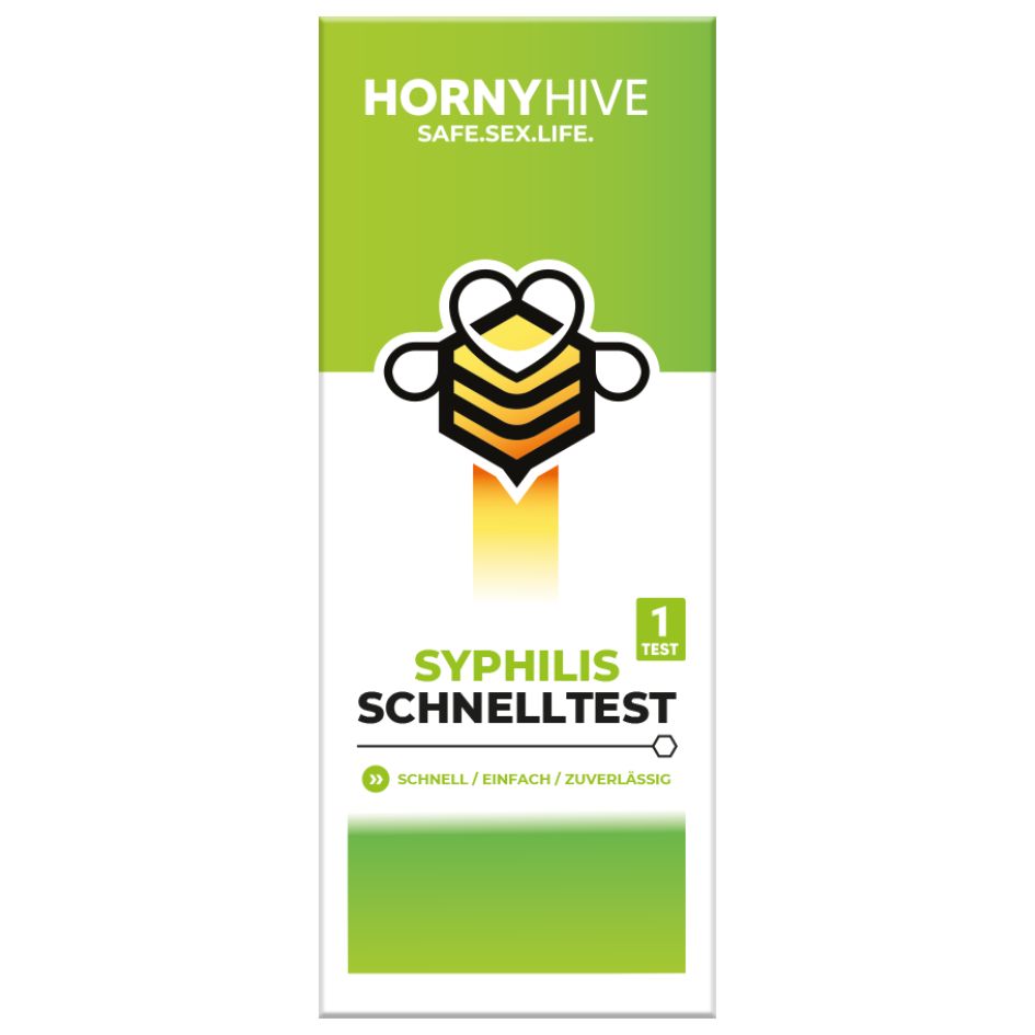 Syphilis Schnelltest Verpackung. Grün-weiß. HornyHive Logo. Text: Syphilis Schnelltest, 1 Test.
