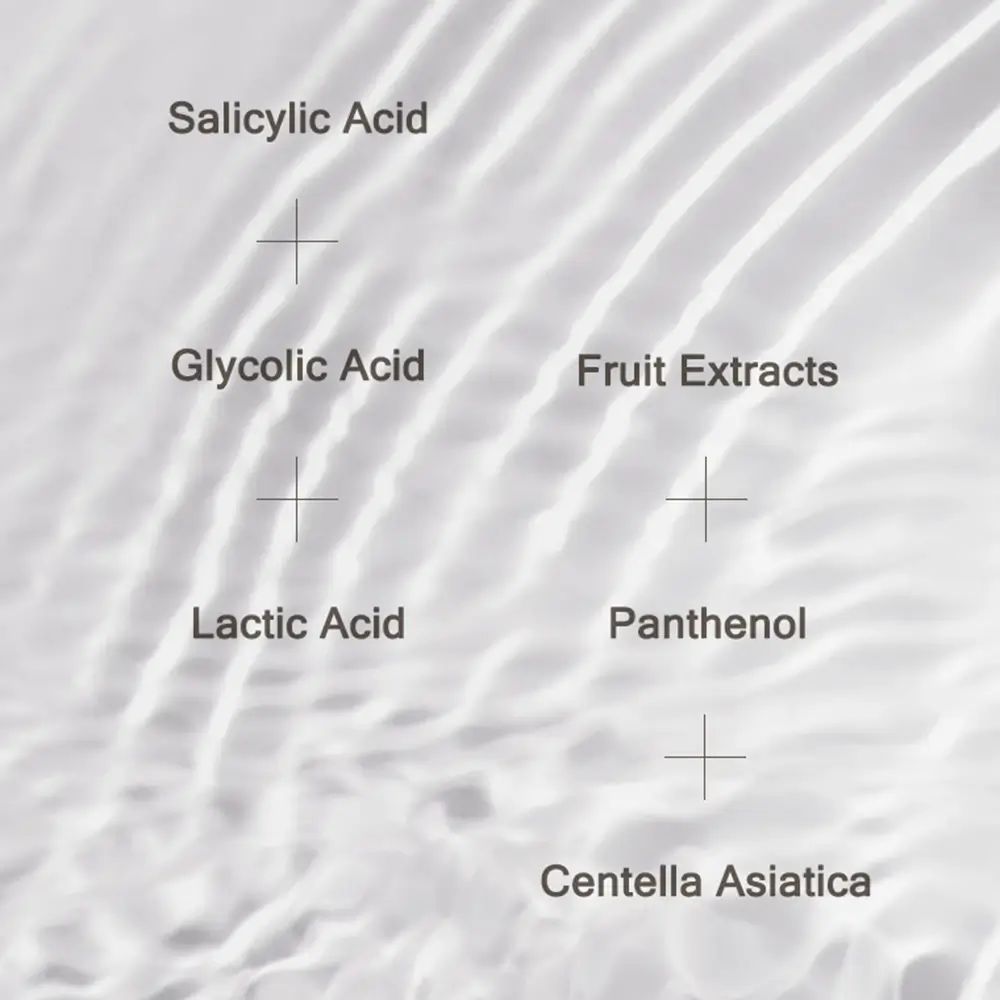 Text auf welligem Hintergrund: Salicylsäure, Glykolsäure, Milchsäure, Fruchtextrakte, Panthenol, Centella Asiatica.