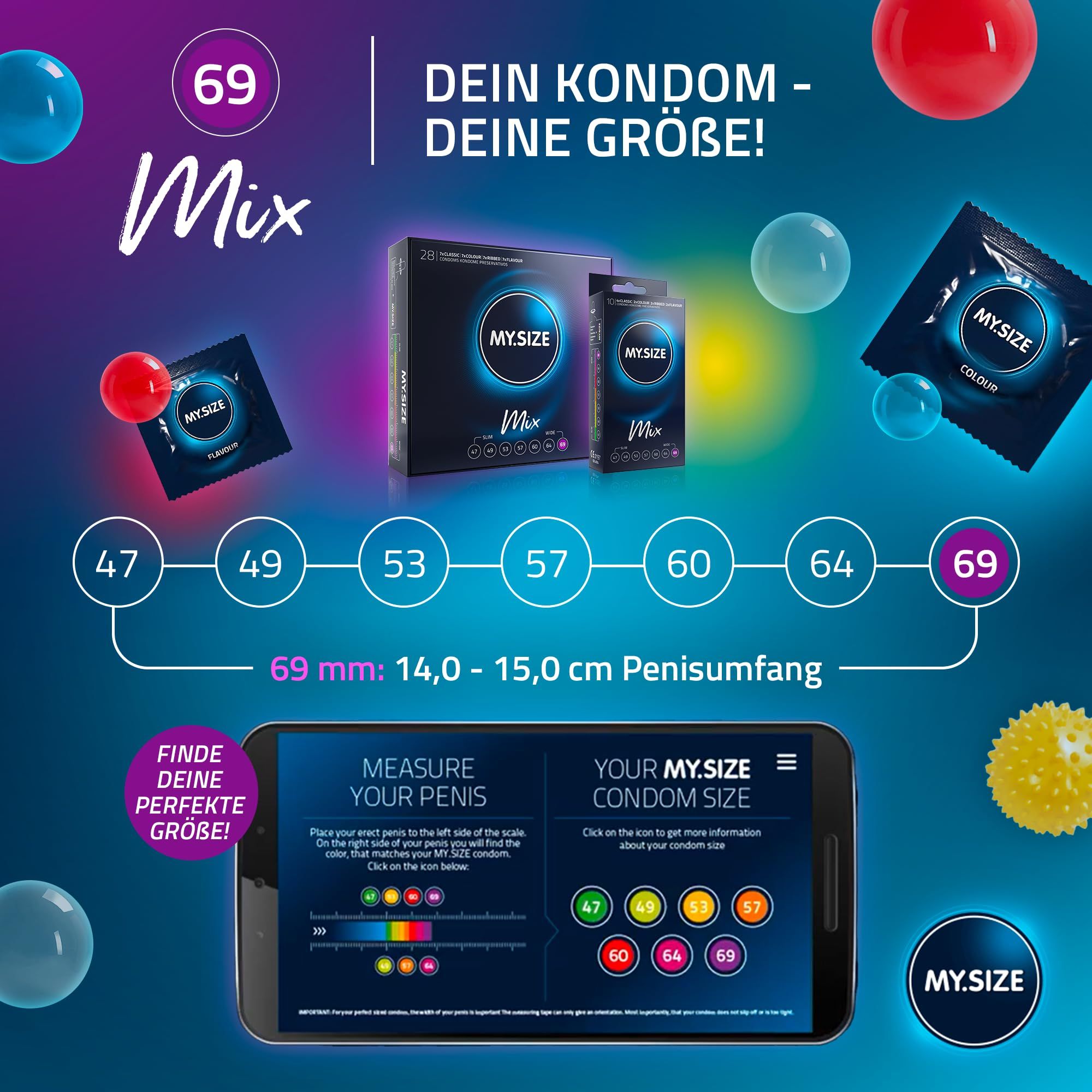 MY.SIZE Kondome Mix 69mm. 60 Stück. 4 Variationen: Classic, Colour, Flavour, Ribbed.