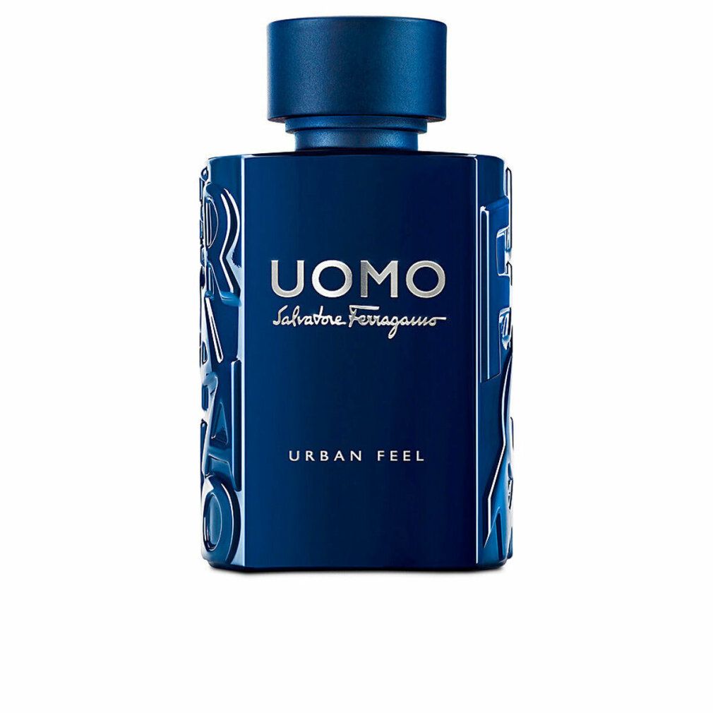 Blauer Flakon mit silbernem Schriftzug UOMO Salvatore Ferragamo URBAN FEEL. Rechteckige Form, blauer Deckel.