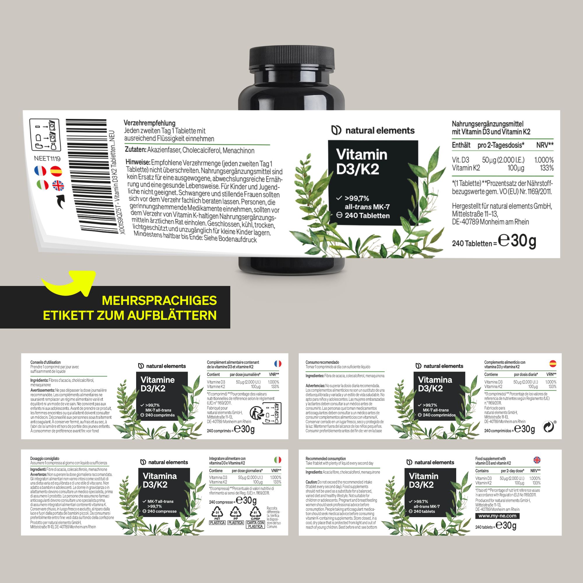 Produktflasche mit mehrsprachigem Etikett. Etikett zeigt Informationen zu Vitamin D3/K2 und Inhaltsstoffen.