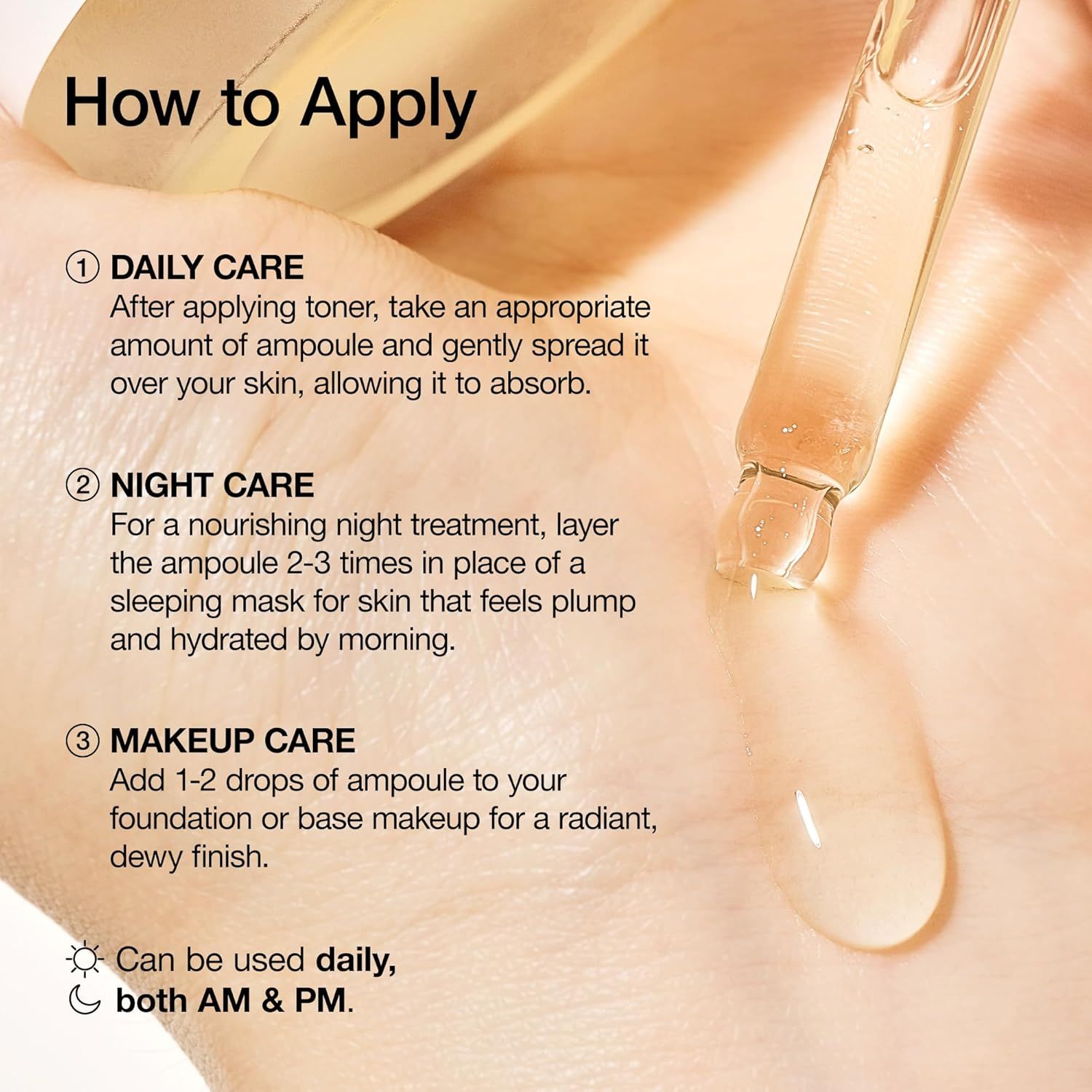 Anwendungshinweise. 1. Tagespflege. 2. Nachtpflege. 3. Make-up-Pflege. Tropfen auf Hand. Text: Daily Care, Night Care, Makeup Care.