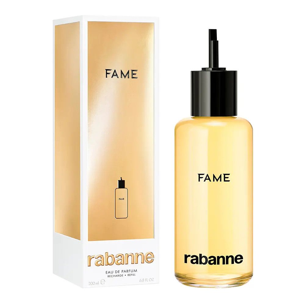 Gelbe Glasflasche mit schwarzem Verschluss und Verpackung. Aufschrift "FAME" und "rabanne".