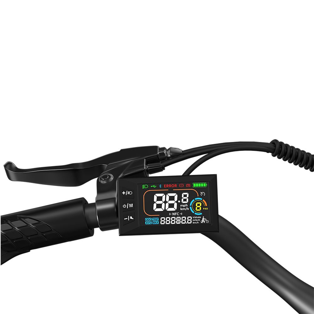 Lenker mit Display. Anzeige von Geschwindigkeit, Akku-Ladezustand und weiteren Informationen. Schwarzer Lenker.