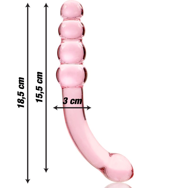 Rosa Dildo aus Borosilikatglas. Maße: 18,5 cm lang, 15,5 cm gebogen, 3 cm Durchmesser. Mit vier kugelförmigen Elementen.