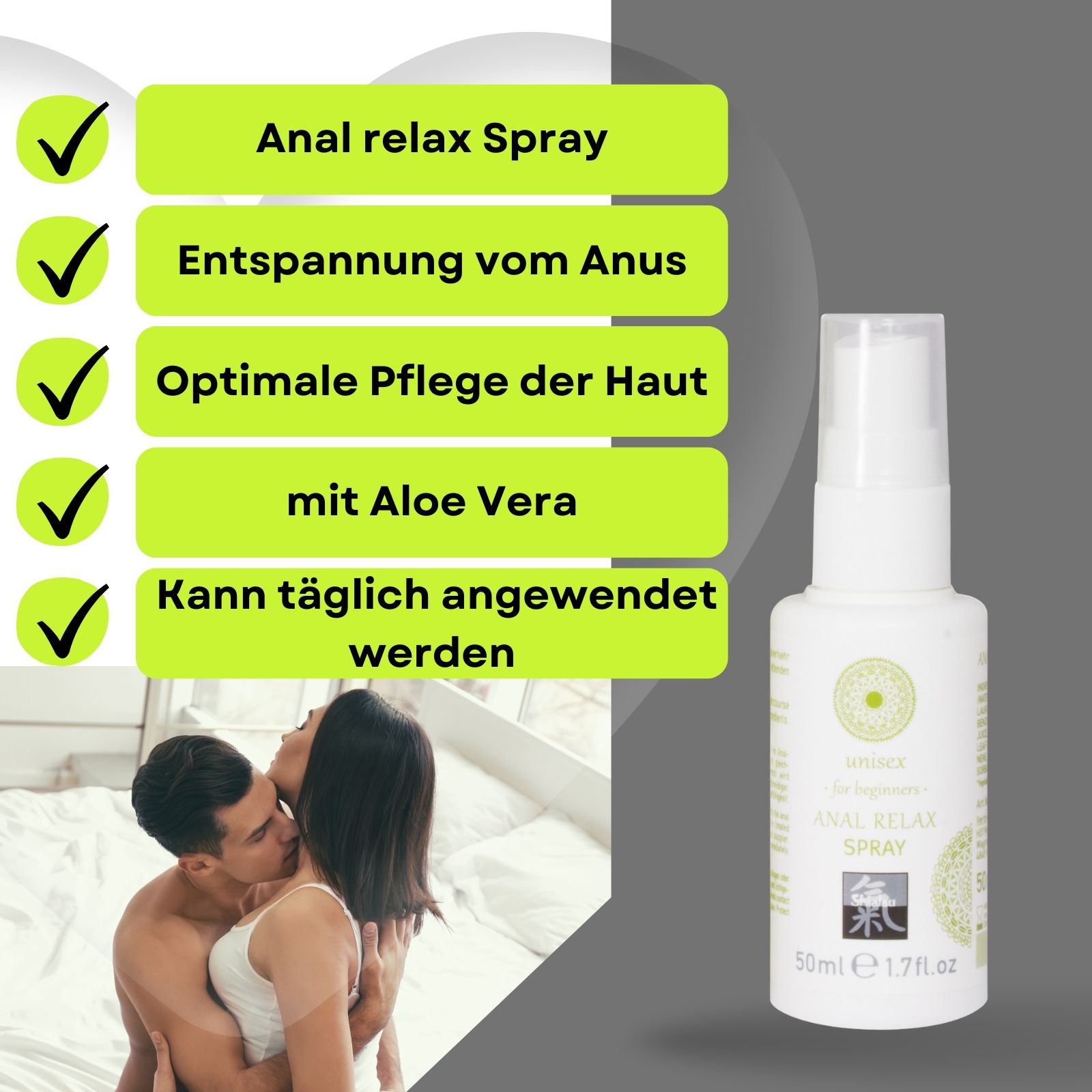 Weiße Flasche und Paar. Aufschrift: ANAL RELAX SPRAY, unisex, Shiatsu. 50 ml. Text.