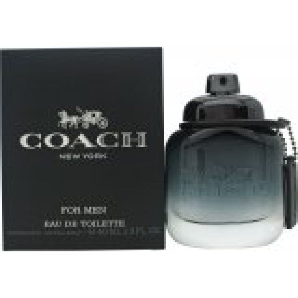 Flakon und Verpackung. Flakon mit schwarzem Deckel und Anhänger. Verpackung mit Logo und Text COACH NEW YORK.