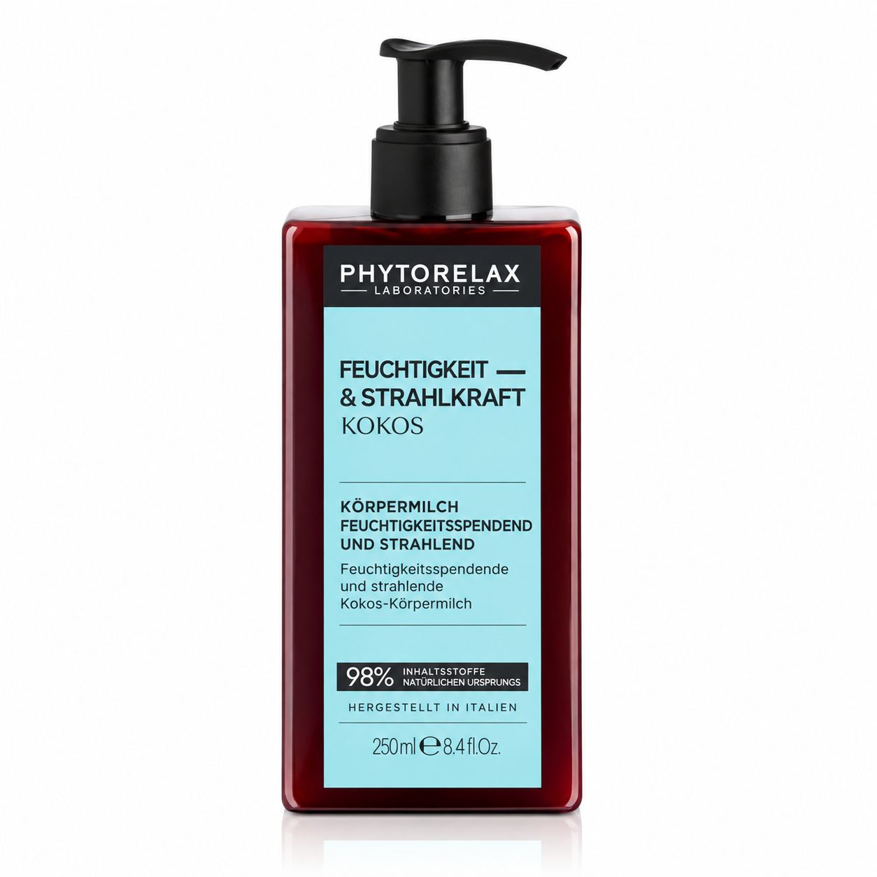 Eine Phytorelax Laboratories Feuchtigkeits- & Strahlkraft Kokos Körperlotion-Flasche.