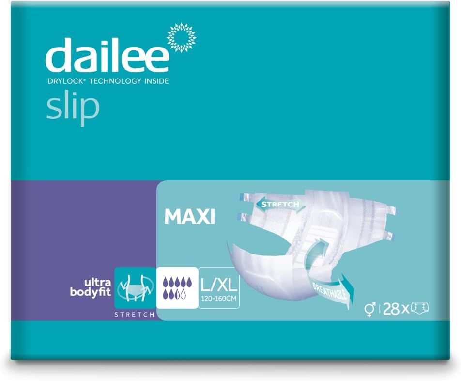 Dailee Slip Maxi-Packung. L/XL, 28 Stück. Ultra Bodyfit, Stretch. Türkis-weißes Design mit Produktabbildung.