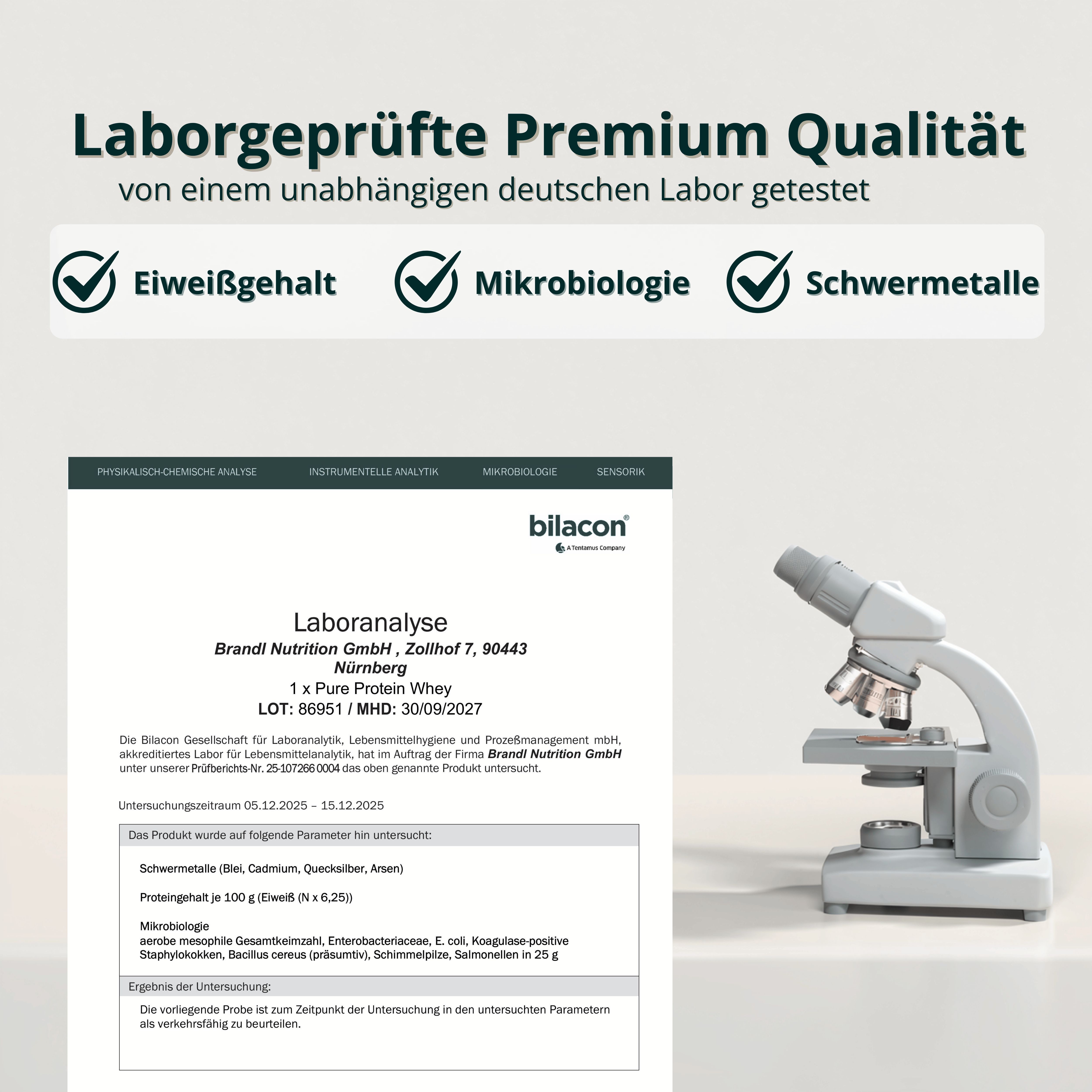 Laborbericht für brandl® Pure Protein Whey. Geprüft auf Schwermetalle, Mikrobiologie, Eiweißgehalt.