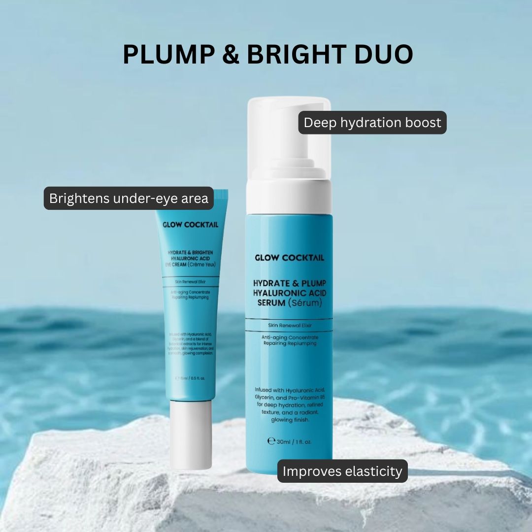 Glow Cocktail Hyaluronsäure Serum und Augencreme auf Felsen, mit Text.