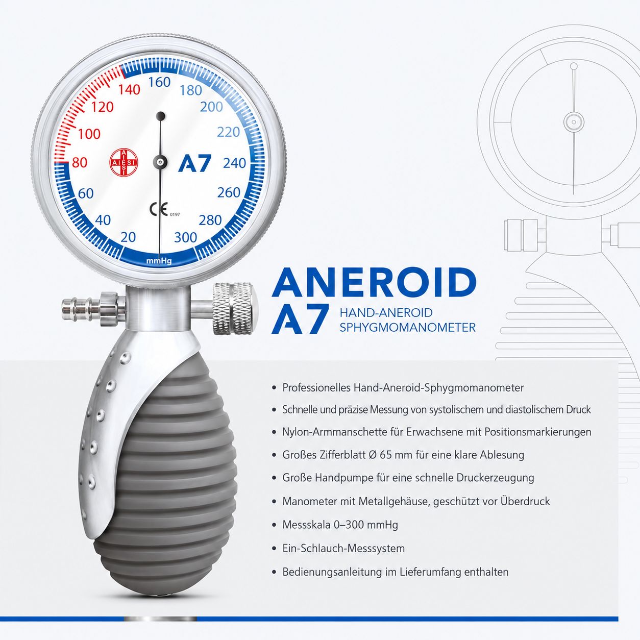 Aneroid-Sphygmomanometer A7 mit großem Zifferblatt (65mm) und Gummibalg.