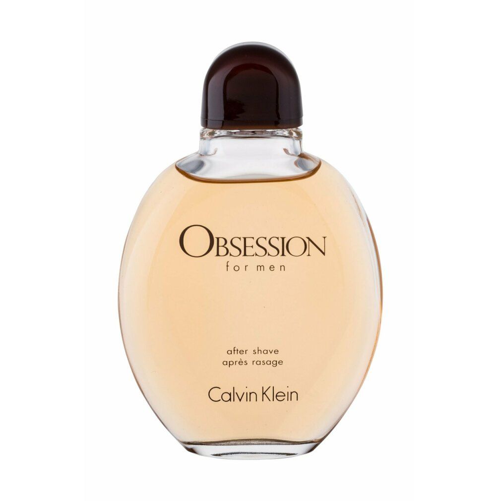 Runde Flasche mit braunem Deckel. Aufschrift: Obsession for men, after shave, Calvin Klein.