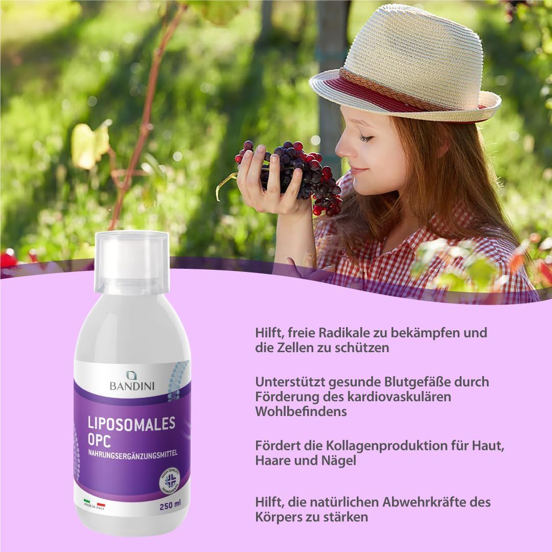 Bandini OPC Liposomales Nahrungsergänzungsmittel. Flasche mit weißem Deckel, lila Etikett. Frau mit Hut und Trauben.