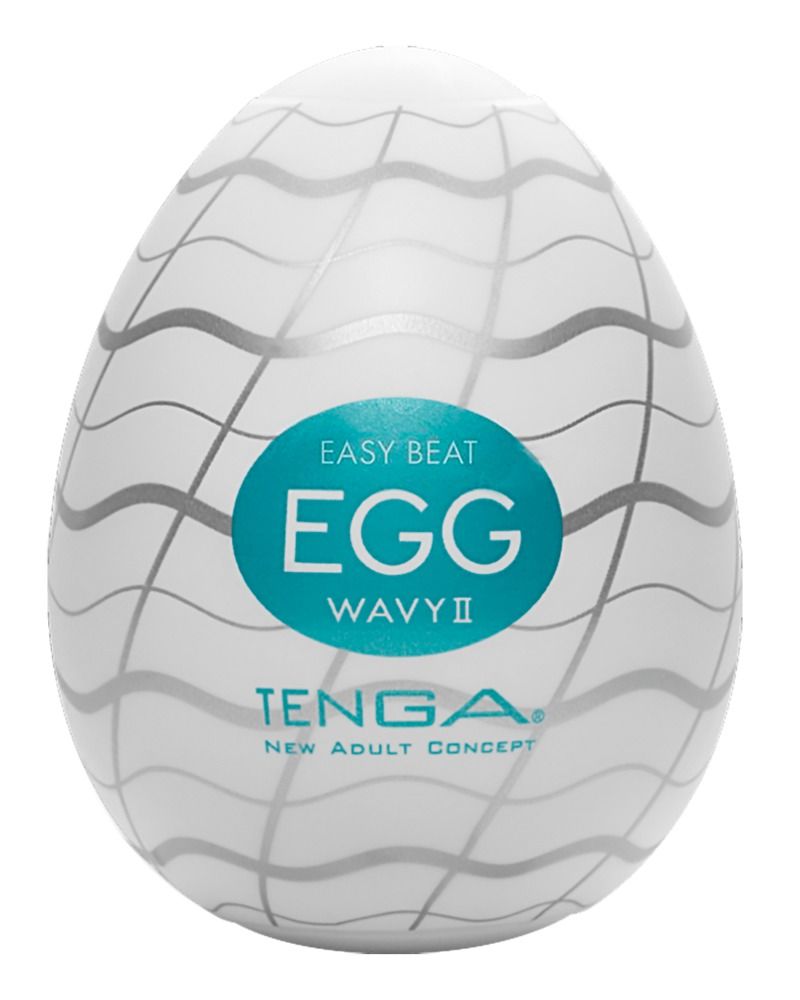 TENGA Egg Wavy II. Weißes, ovales Produkt mit wellenförmigen Linien und blauem Label. Text: EASY BEAT EGG.