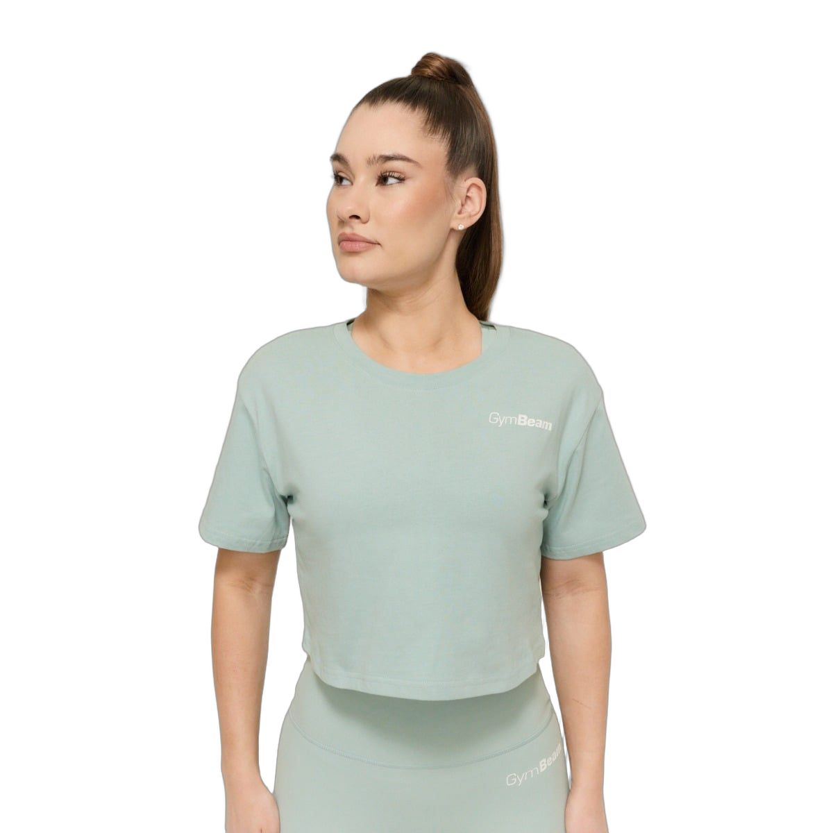 Hellgrünes, kurz geschnittenes Damen-T-Shirt mit Rundhalsausschnitt und dezentem Logo.