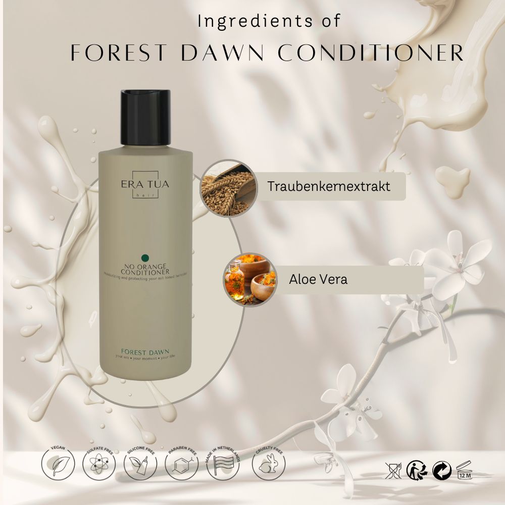 Beige Flasche mit schwarzem Deckel. Aufschrift: Era Tua, Forest Dawn Conditioner. Inhaltsstoffe: Traubenkernextrakt, Aloe Vera. Vegan-Siegel.