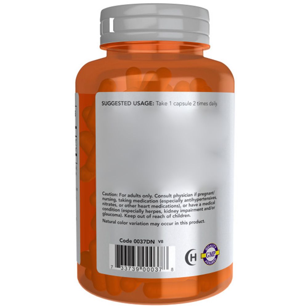 Rückseite einer orangefarbenen Flasche. Etikett mit Anwendungshinweisen und Vorsichtshinweisen. Code und GMP-Siegel.