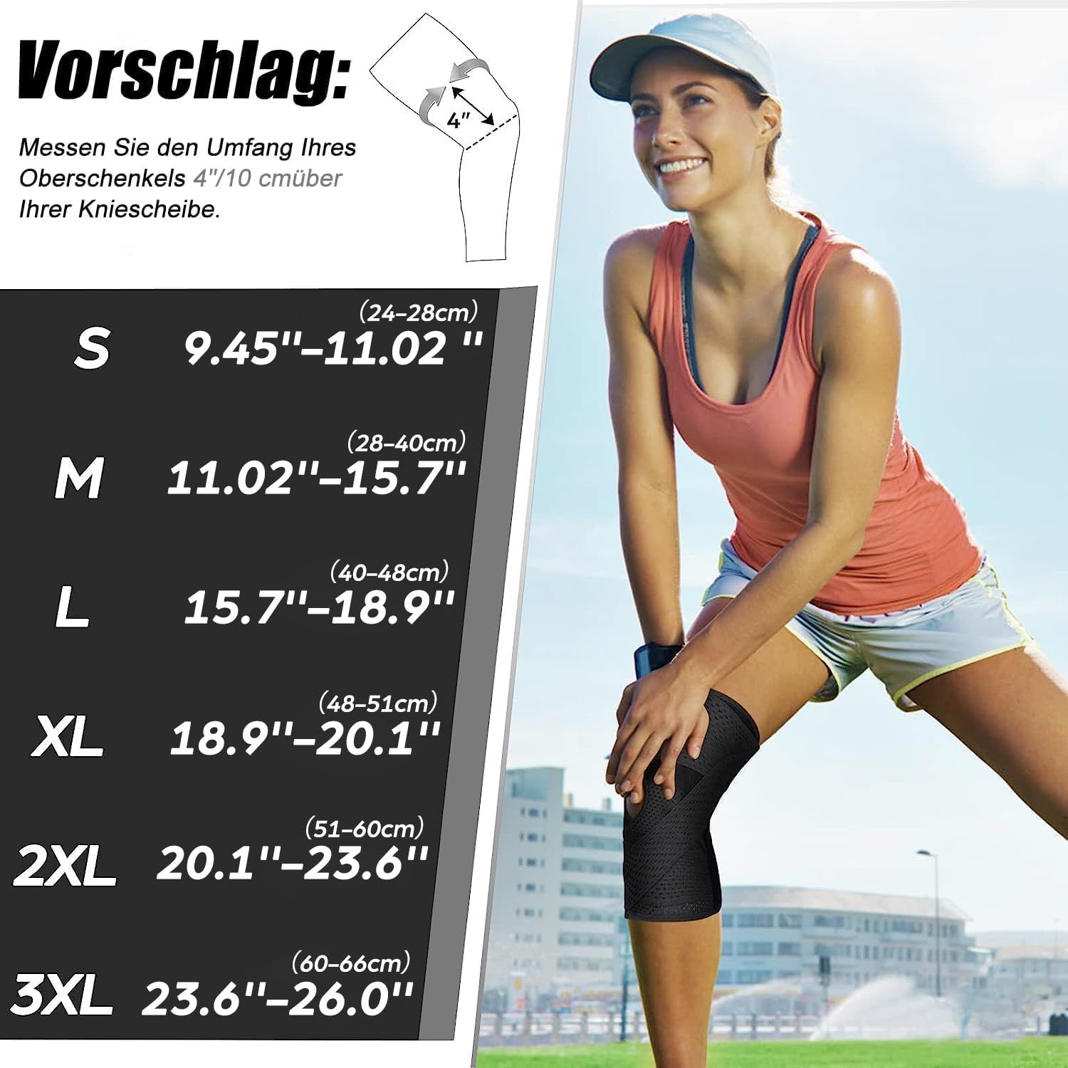 Schwarze Kniebandage mit seitlichen Stabilisatoren und verstellbaren Riemen, angelegt an einem Knie.