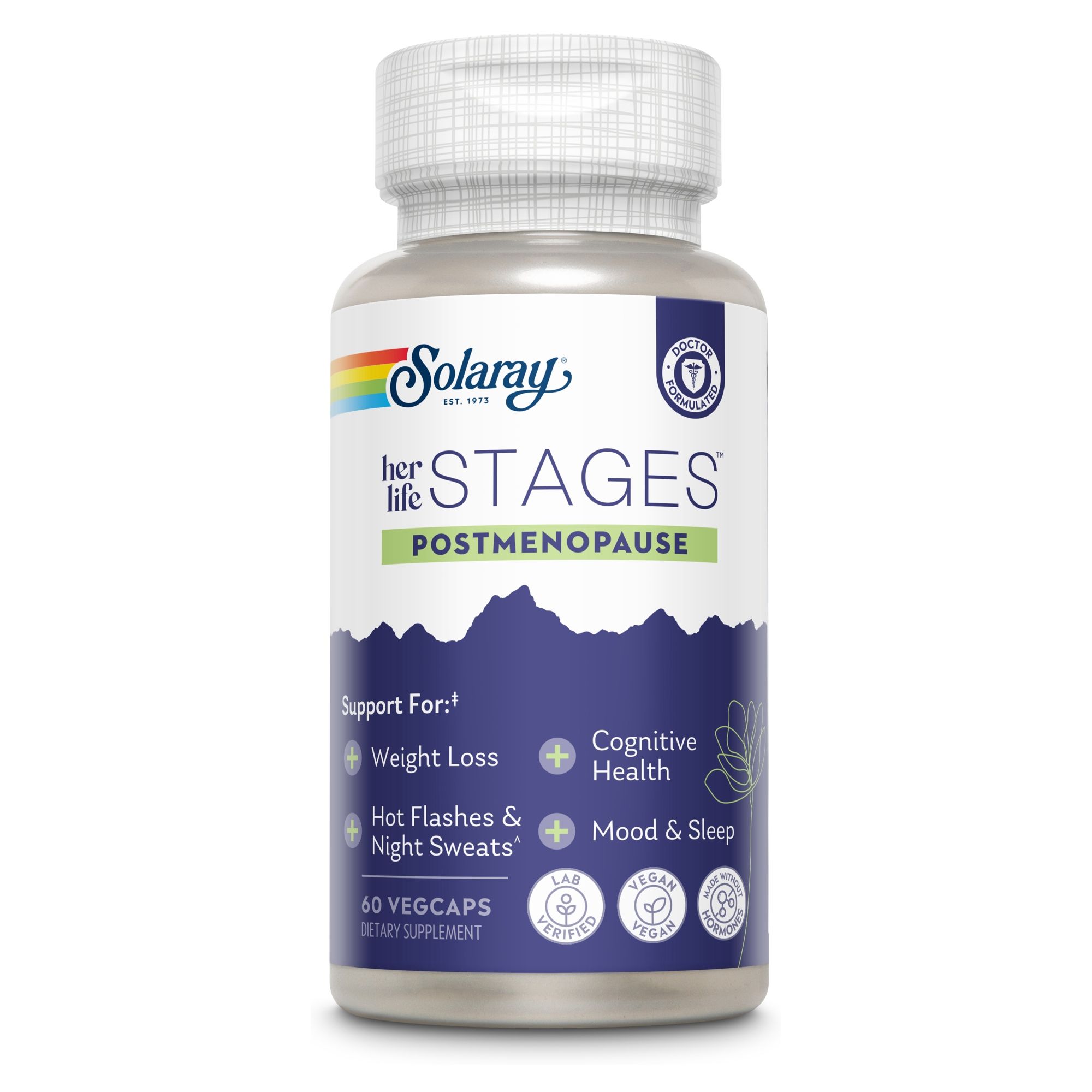 Solaray Stages Postmenopause-Kapseln. Weiße Flasche mit blauem Etikett. Aufschrift: Hot Flashes & Night Sweats, Mood & Sleep. 60 Vegcaps.