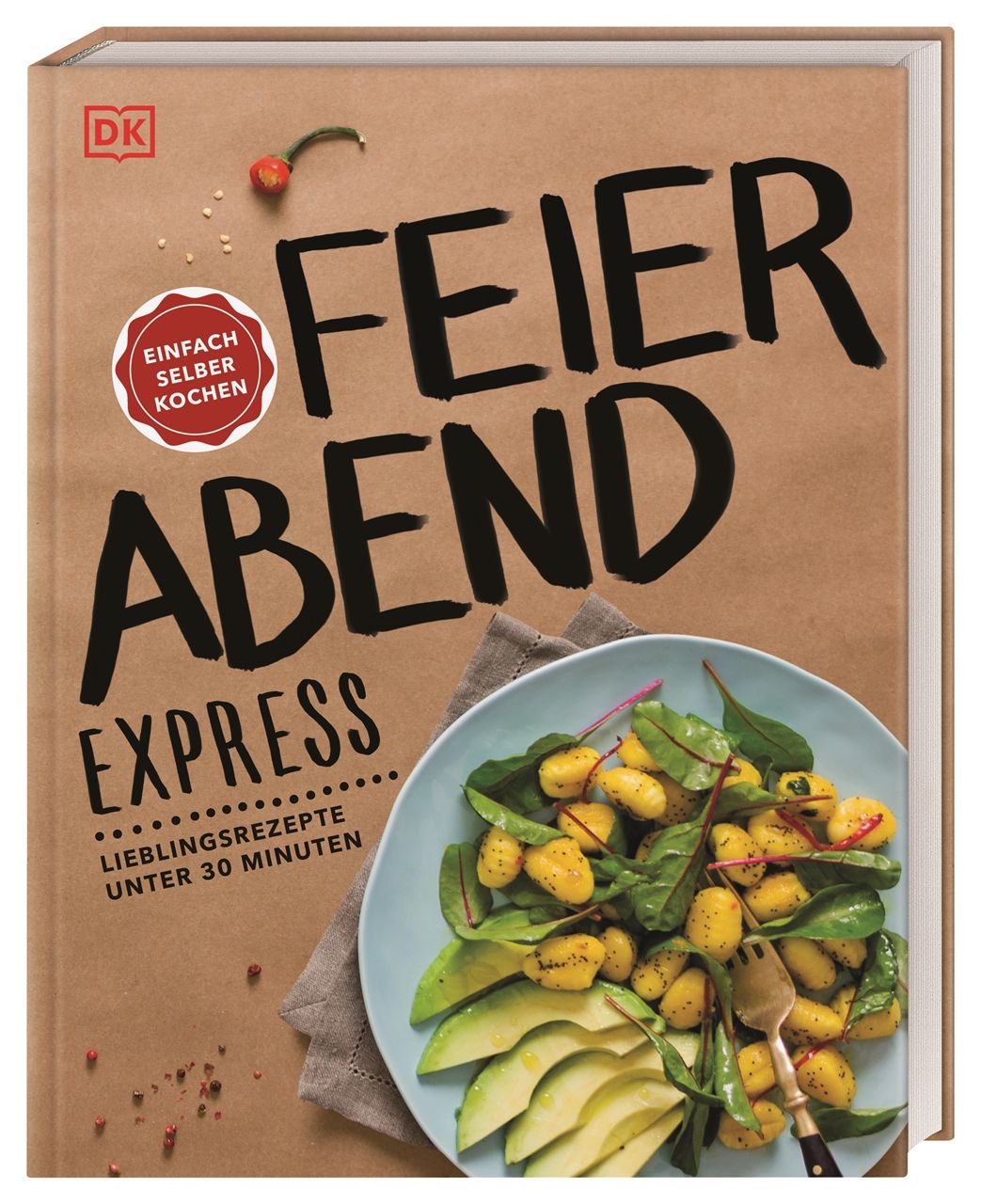 Kochbuch "Feierabend Express" mit braunem Einband. Titel in Schwarz. Auf dem Cover ein Teller mit Essen. Logo "Einfach selber kochen".