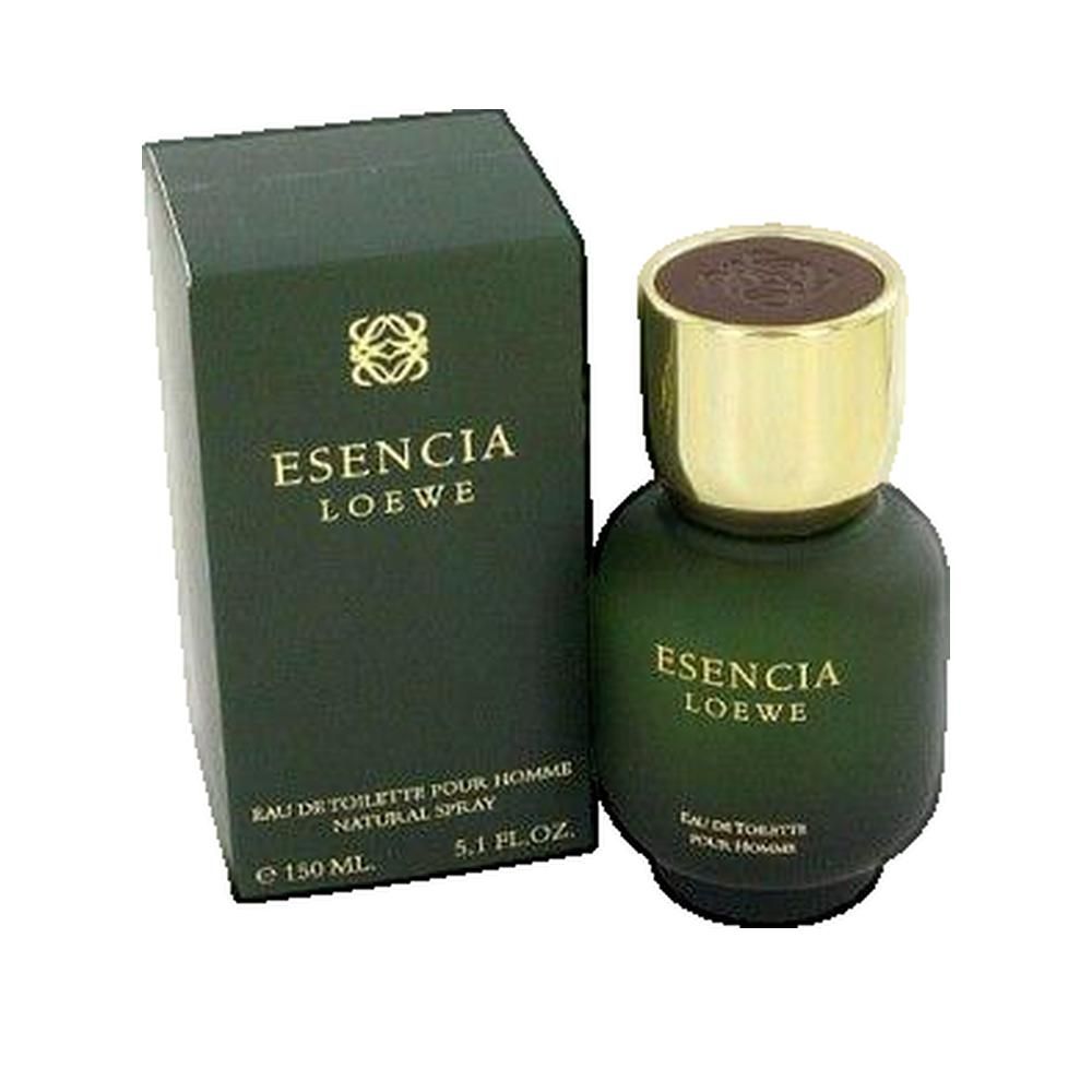 Grüner Flakon mit goldfarbenem Deckel und Verpackung. Aufschrift: Esencia Loewe. 150 ml.