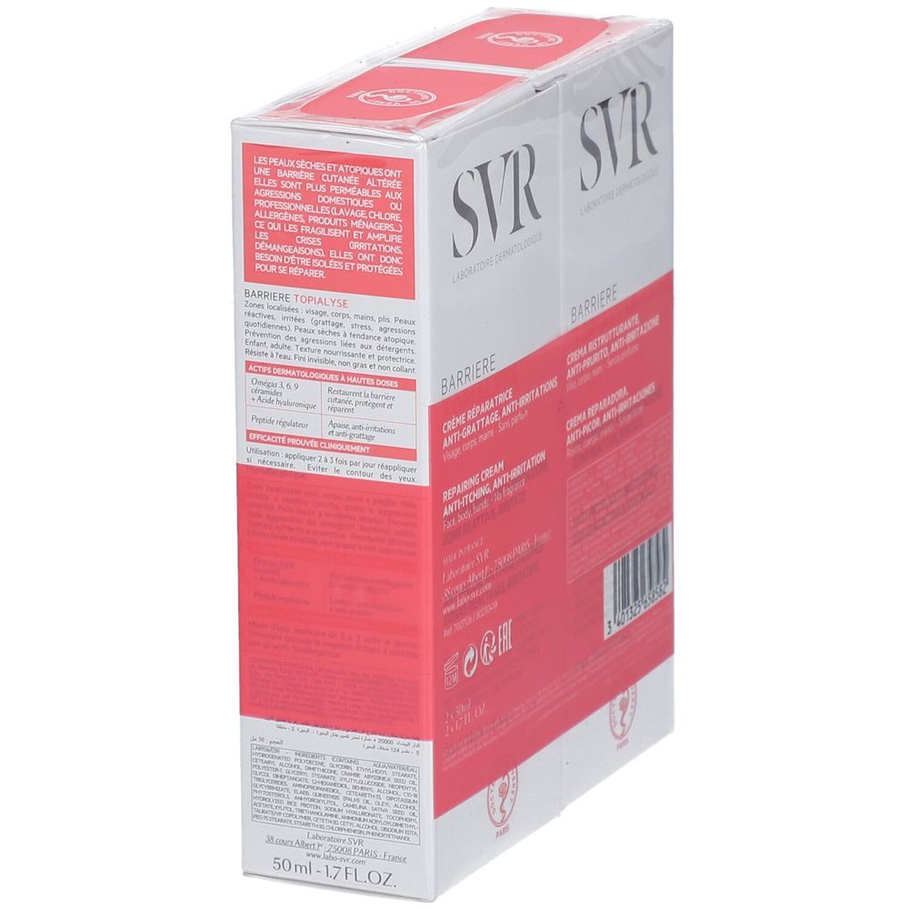 SVR Barriere Topialyse Duopack, schräge Ansicht. Weiß-rote Verpackung. Produktname und Logo sichtbar. Text in mehreren Sprachen.