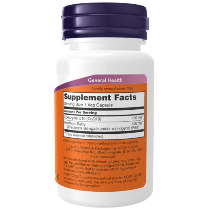 Weiße Flasche mit lila Deckel. Etikett mit Text: Supplement Facts, CoQ10, 100mg, Hawthorn Berry. Marke: NOW Foods.