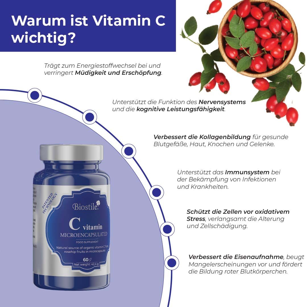 Biostile C Vitamin: Fläschchen mit 60 Kapseln und Infografik zu Vitamin-C-Vorteilen.