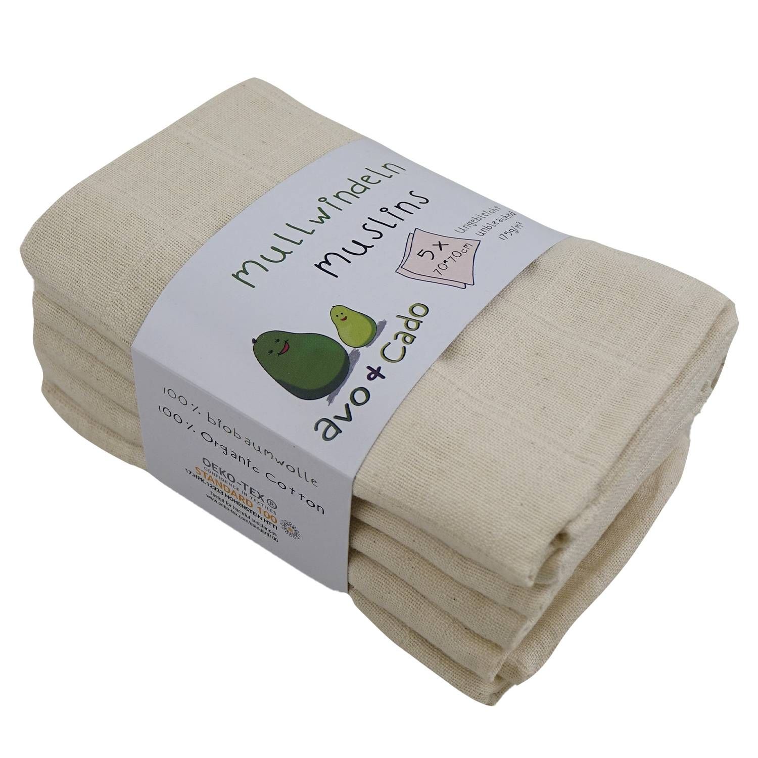 avo+cado Mullwindeln 70x70 cm Bio-BW 5er-Set natur