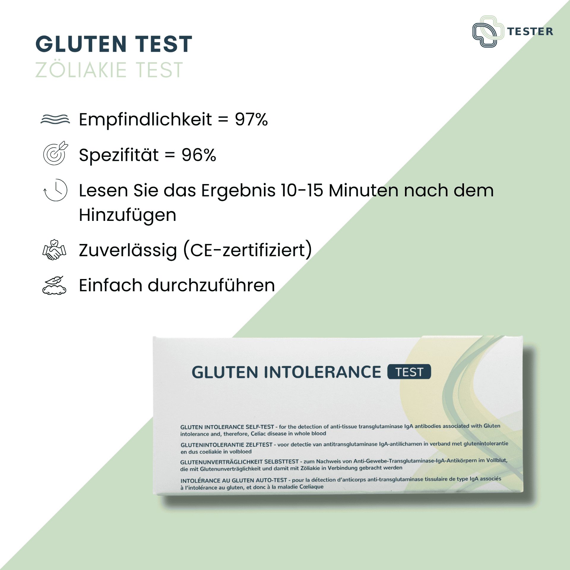 Informationen zu einem Zöliakie-Test: Empfindlichkeit, Spezifität, Zeit und Zuverlässigkeit.