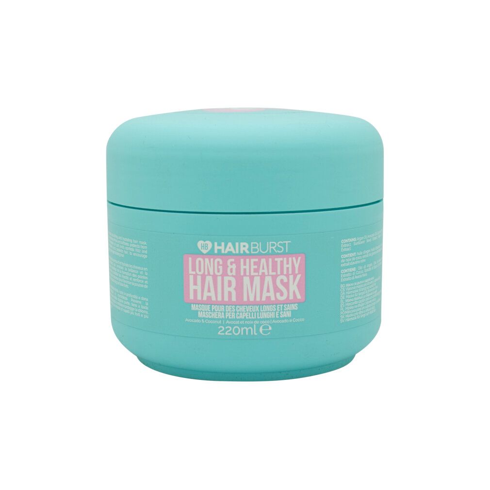 Türkiser Haarpflegebehälter mit rosa Etikett für "Hairburst Long & Healthy Hair Mask", 220ml.
