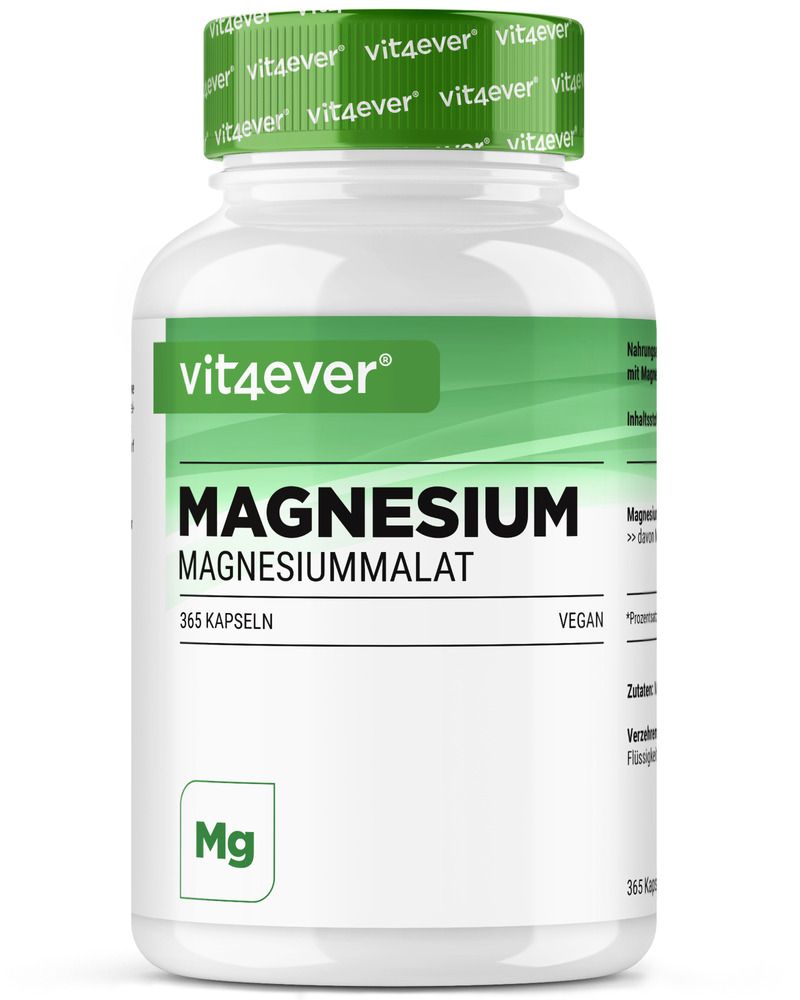 Weißes Flaschendesign mit grünem Deckel und Etikett. Aufschrift: vit4ever Magnesium Malat. 365 Kapseln. Vegan. Mg-Symbol.