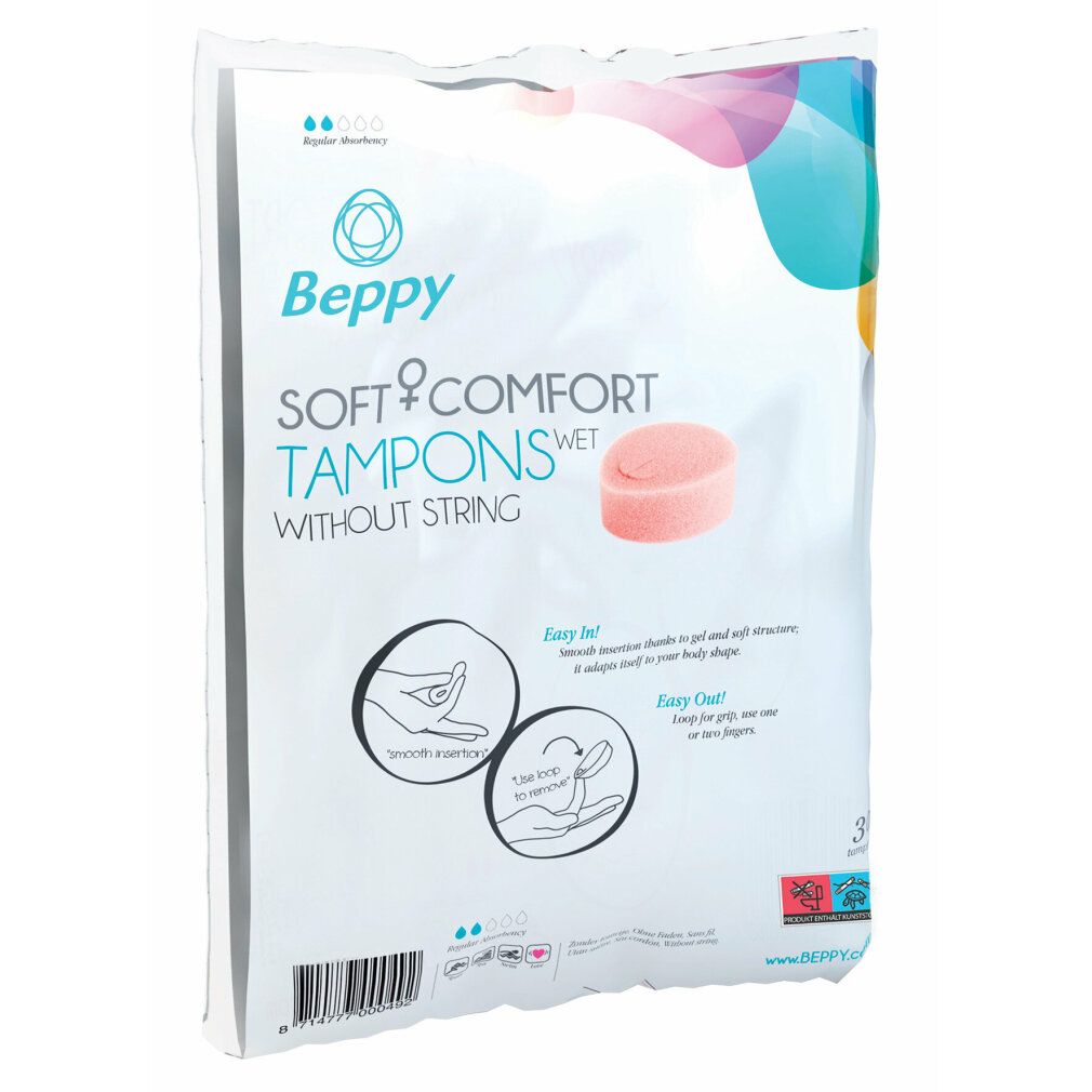 Beppy Soft + Comfort Tampons ohne Faden. Verpackung mit Produktabbildung und Illustrationen zur Anwendung.