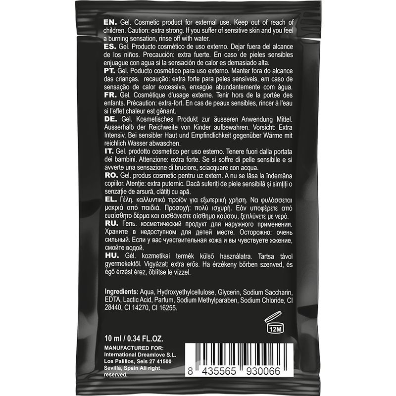 Rückseite der Gel-Verpackung. Schwarzer Hintergrund mit Text in mehreren Sprachen. Inhaltsstoffe und Herstellerangaben.