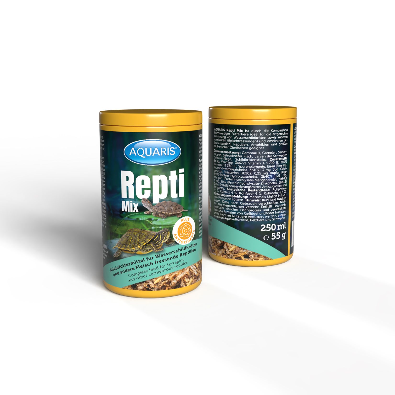 Zwei AQUARIS Repti Mix Dosen mit gelben Deckeln. Aufschrift: AQUARIS, Repti Mix, Schildkröten-Abbildung. Text: Futter für Wasserschildkröten.